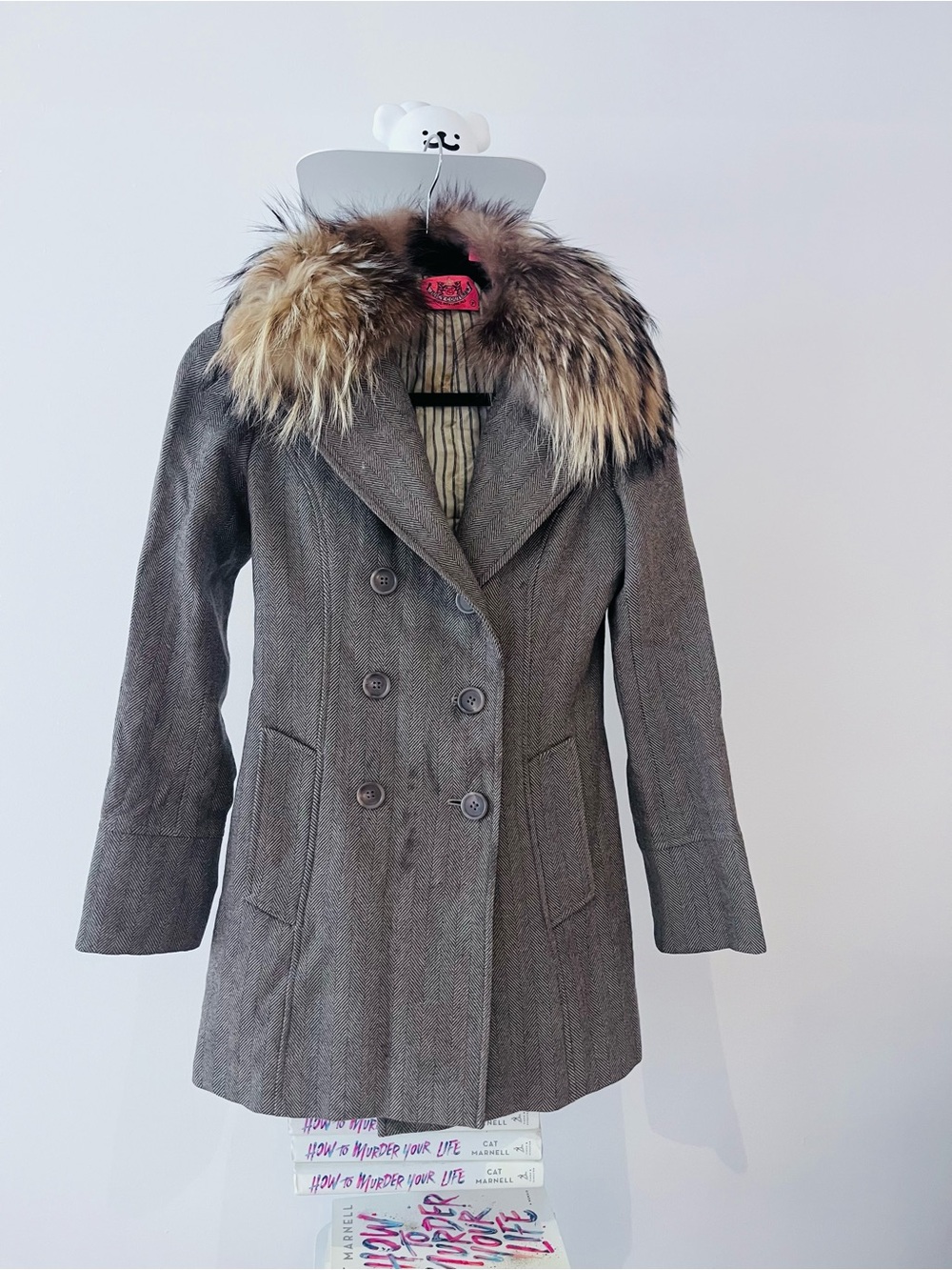 Juicy Couture fall tweed brown Double-Breasted Pea Coat with raccoon Fur collar
